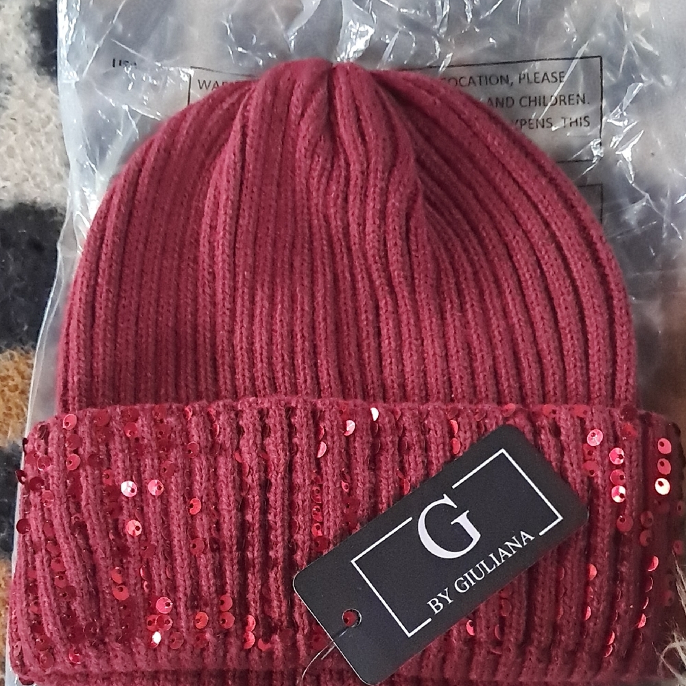 G by Giuliana Burgundy Sequin Beanie